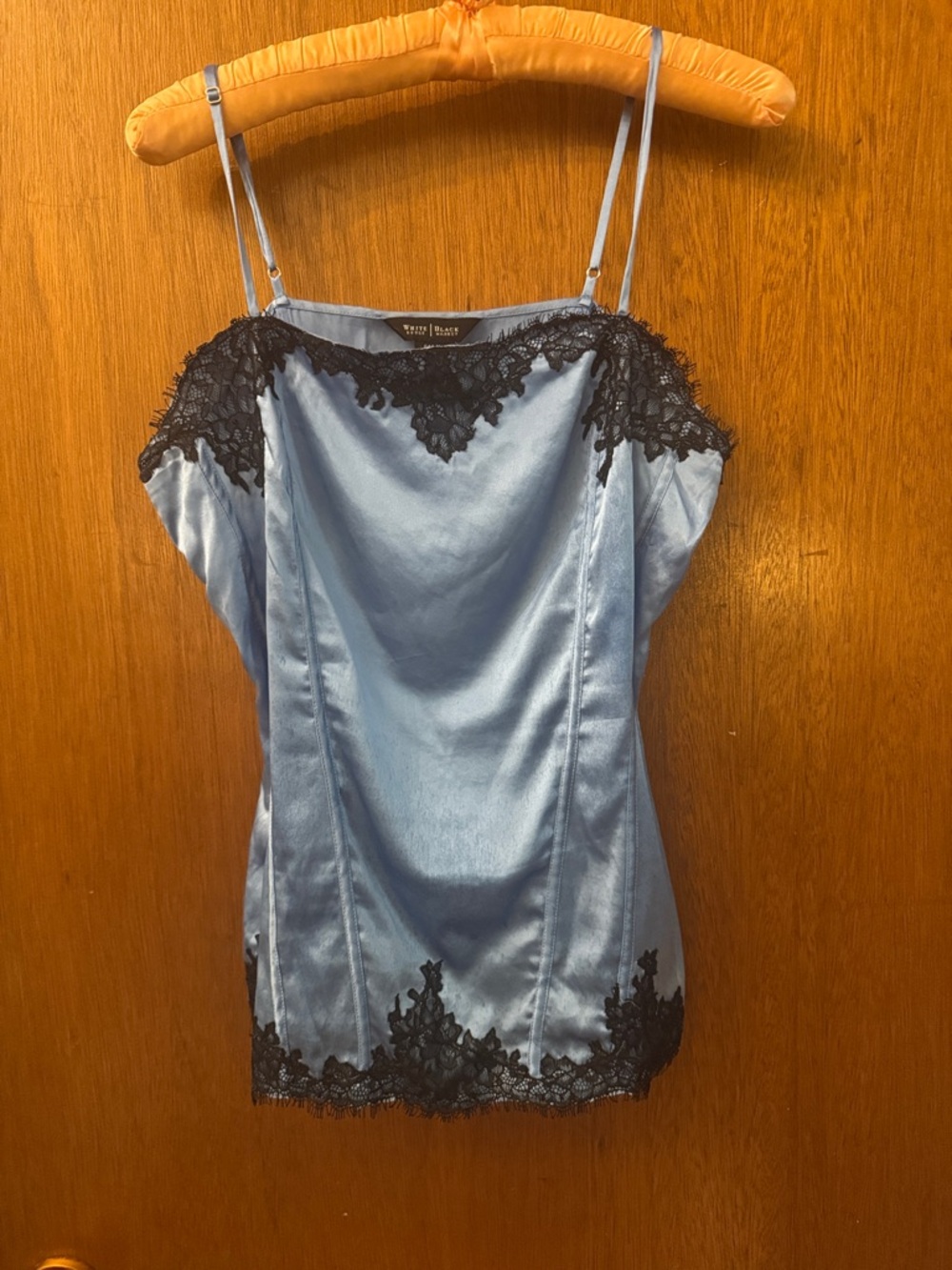 White House Black Market Blue Satin Camisole with Black Lace Trim